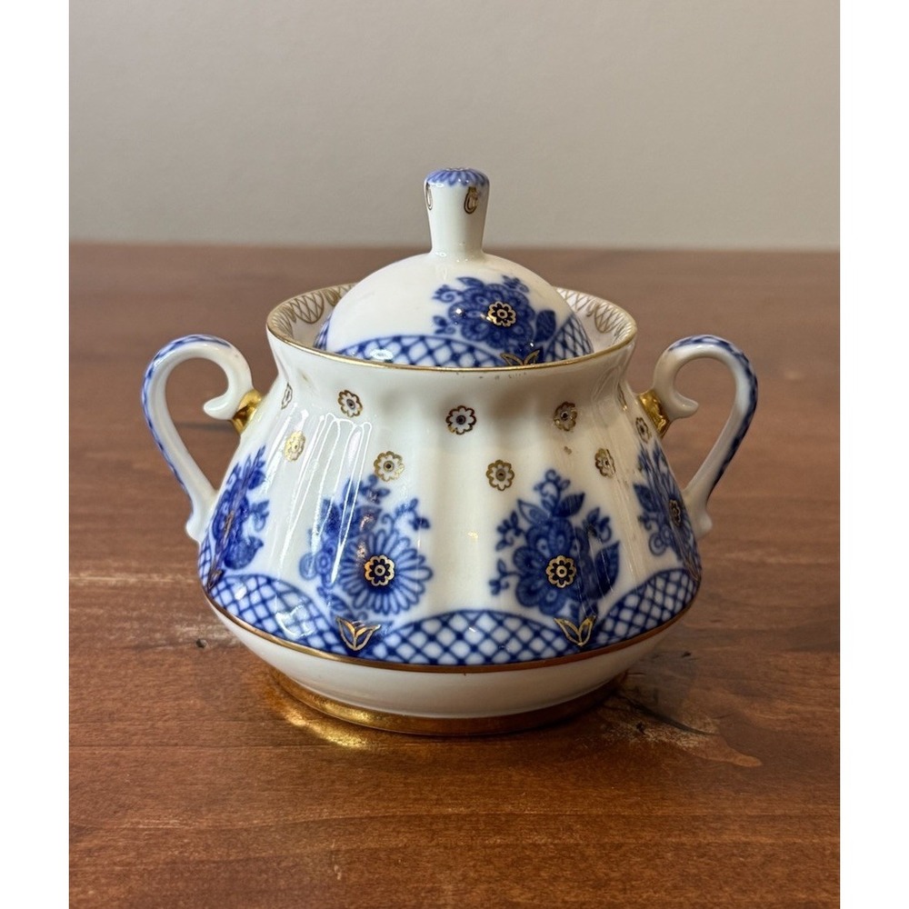 Lomonosov Russia Imperial Porcelain Bridesmaid Baskets SUGAR BOWL Cobalt/Gold